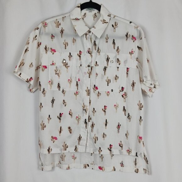 KENZO  Button Front Collared Cactus Print Shirt Women White Cotton Size 40 M/L - Picture 1 of 3